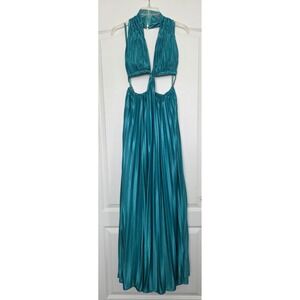 Blithe LA Dreamy Moment Teal Maxi Dress Halter Cutout‎ Pleated Sz L Formal Satin